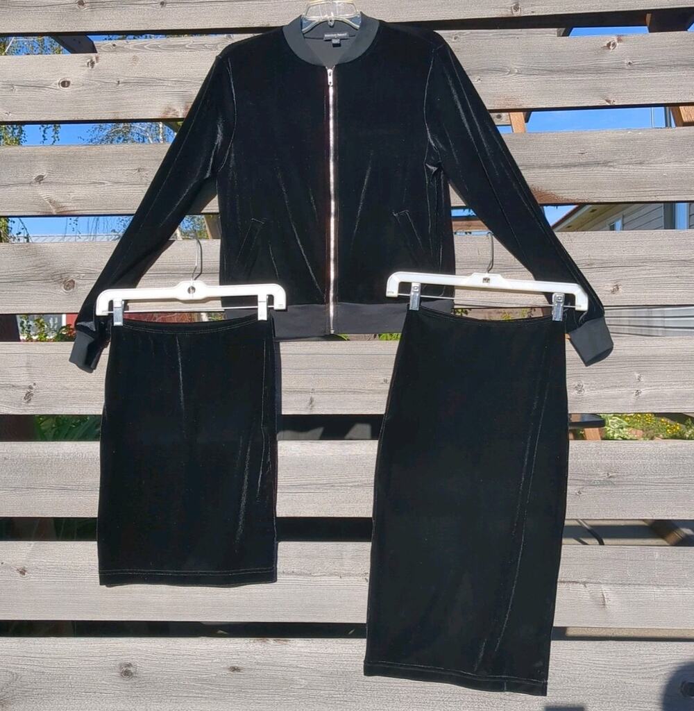 American Apparel Rare Three-piece Set Black Velvet zipJacket Pencil/Mini Skirt